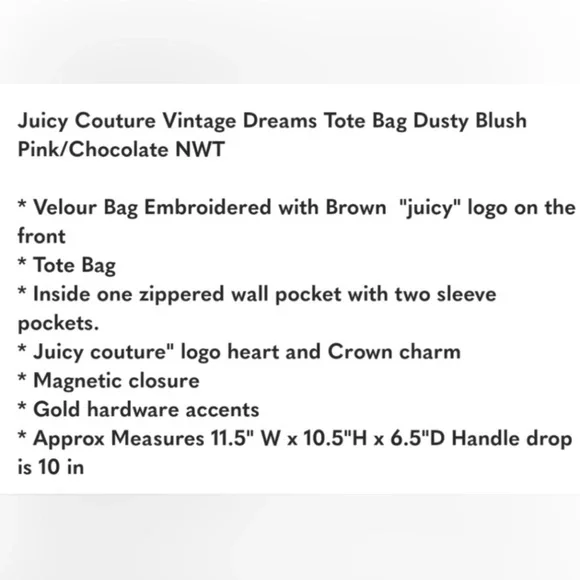 ❌SALE❌Juicy Couture Vintage Dreams Tote Daydreamer HTF dusty blush amd chocolate - Picture 6 of 7